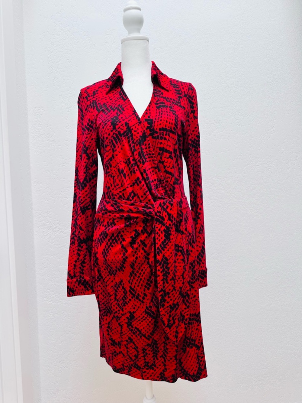 Diane Von Furstenberg Red and Black Snake-Print Wrap Dress